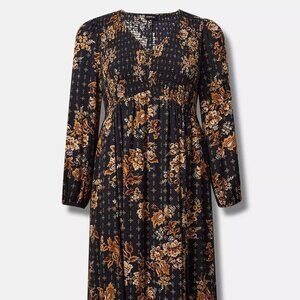 Torrid Midi Washable Gauze Smocked Bodice Long Sleeve Dress Sz 1